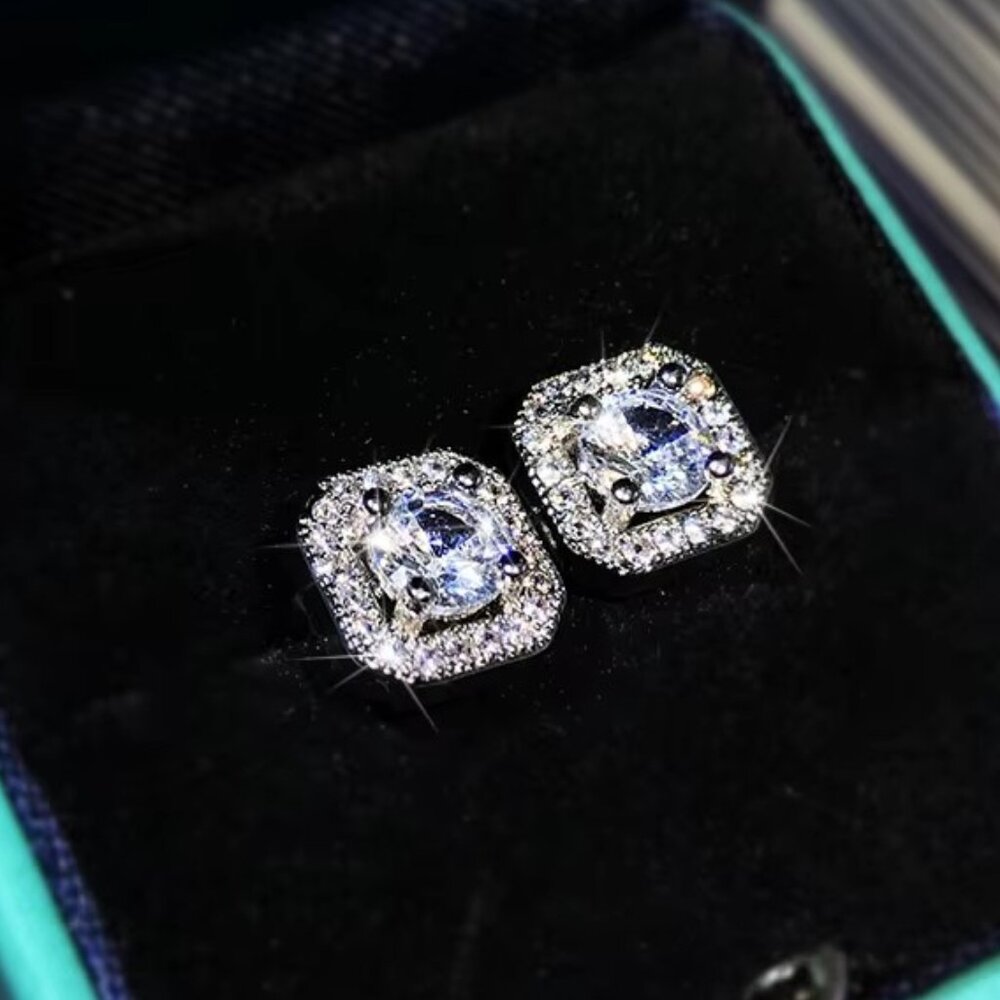 🆕 Small Square 0.65 Carat Halo Diamond Earring Studs, 925 Sterling Silver 🥈